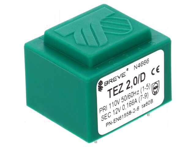 Transformator: ingegoten; 2VA; 110VAC; 12V; PCB; IP00; A: 28mm Transformator: ingegoten; 2VA; 110VAC; 12V; PCB; IP00; A: 28mm
